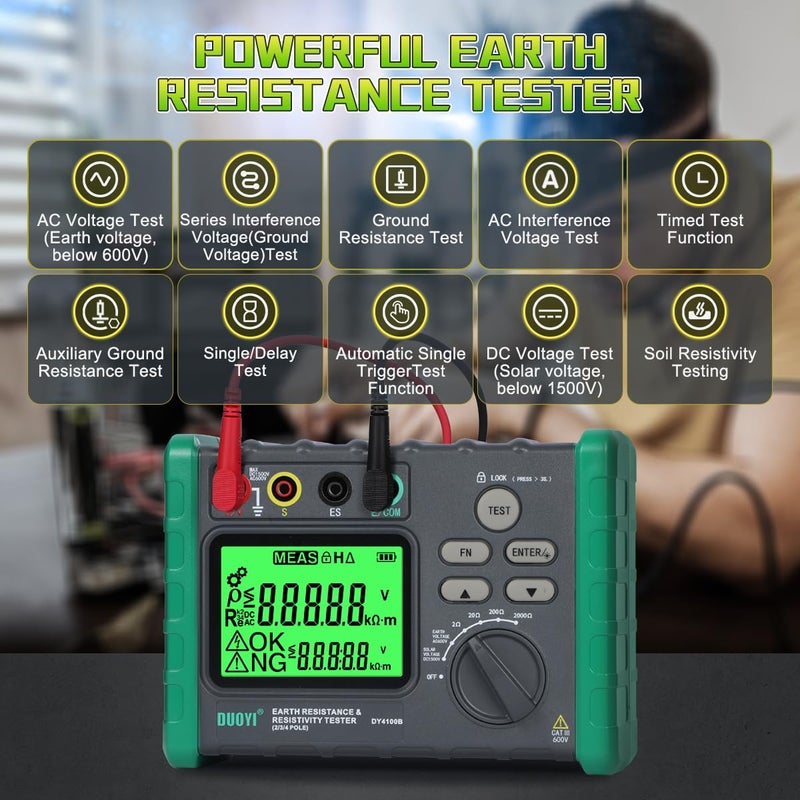DUOYI Earth Resistance Tester 0.03-2000 ohm Meter,Upgraded Digital Earth Ground Resistance Tester 2/3 Wire Measurement AC/DC Voltage Meter with Batteries,Tool Bag - Image 3